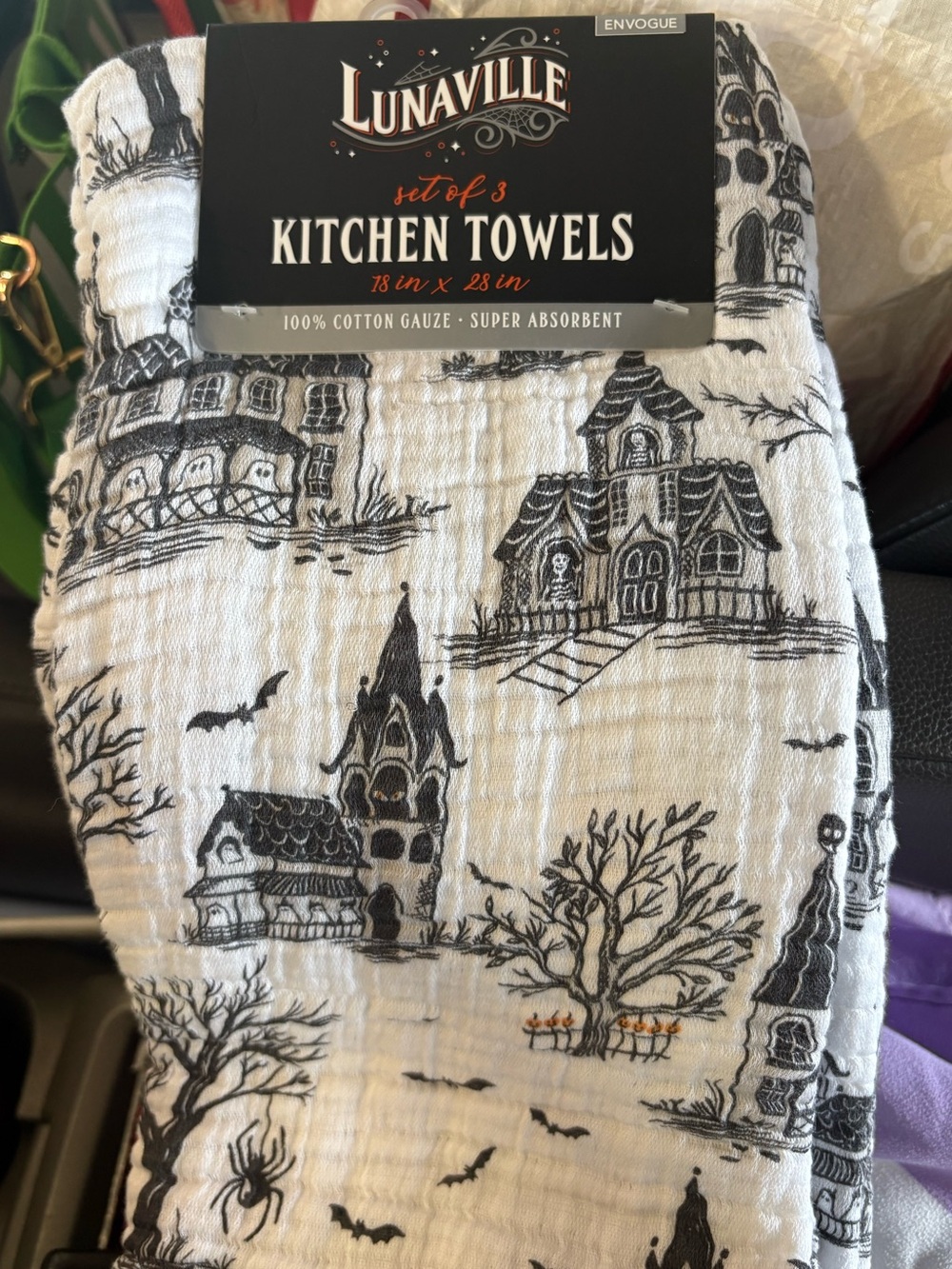 Envogue Halloween Kitchen Towels, Haunted House Toile, Spider, Skeleton